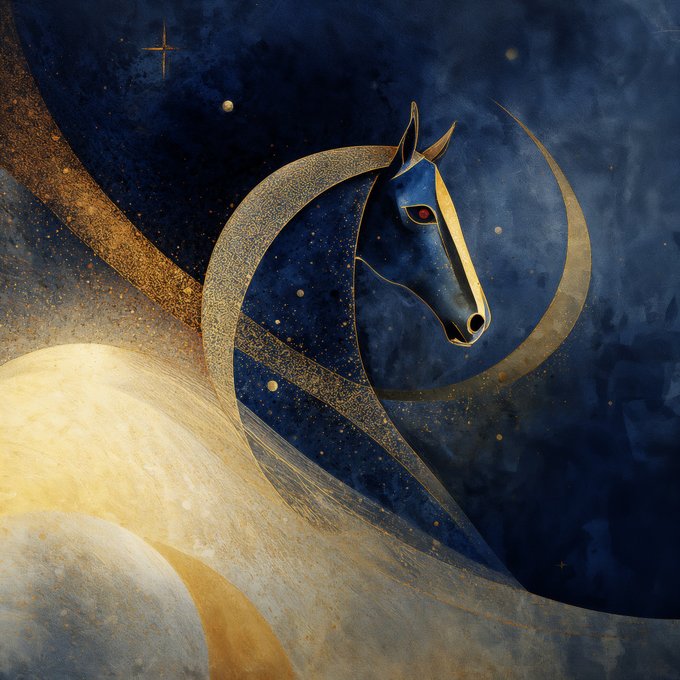 An artistic illustration of a horse's head rendered in dark blue with gold accents, set against a starry night sky with flowing golden crescent shapes.