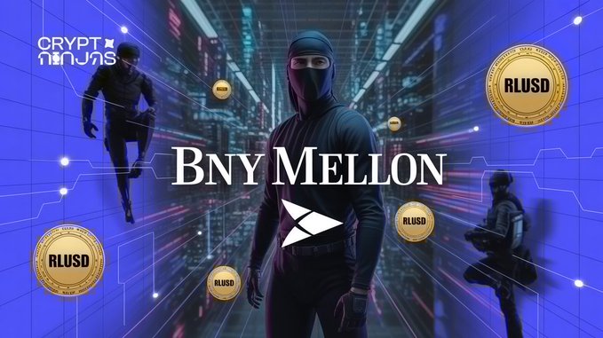 A promotional graphic titled 'BNY MELLON' featuring ninja figures and RLUSD (Ripple USD) tokens against a futuristic blue digital background, branded with 'CRYPTO NINJAS'.