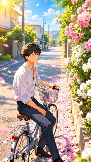 An anime-style illustration shows a young man on a bicycle beside a fence covered in pink and white flowers on a sunny street.