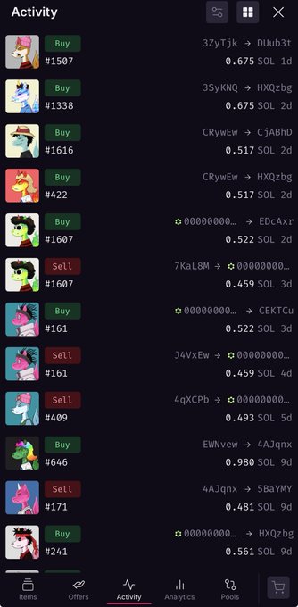 A mobile app screen showing an activity feed of NFT buy and sell transactions for My Little Pony-themed digital collectibles, with prices denominated in SOL ranging from 0.459 to 0.980.