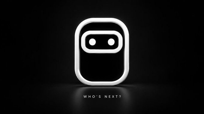 A sleek black and white logo or icon resembling a robot face or smart device with the text 'WHO'S NEXT?' displayed beneath it on a dark background.