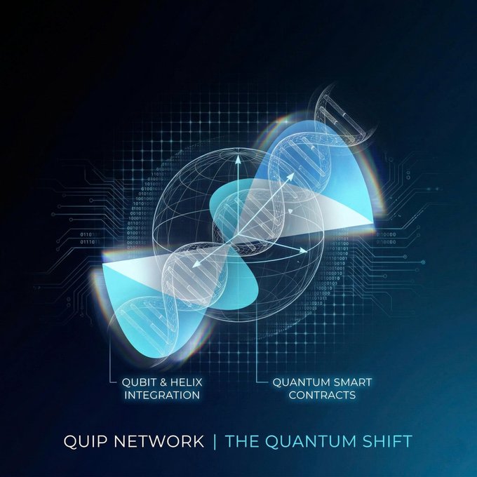 Futuristic tech graphic showing a 3D helix and geometric shapes with text labels "QUBIT & HELIX INTEGRATION" and "QUANTUM SMART CONTRACTS," with "QUIP NETWORK | THE QUANTUM SHIFT" displayed at the bottom.