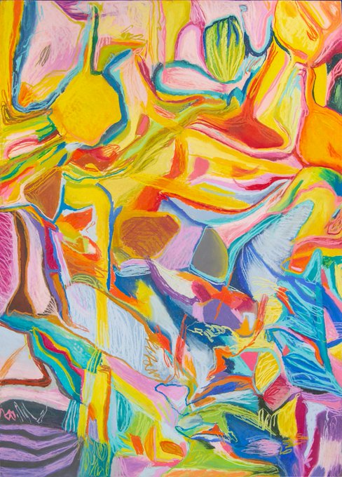 A vibrant, abstract expressionist painting bursts with chaotic swirls of yellow, pink, blue, orange, and purple, conveying the frenetic, hallucinatory intensity suggested by its title "Ergot's Fury." The swirling, almost toxic palette and turbulent forms evoke a sense of overwhelming emotion or altered perception, fitting for artwork created five years ago.