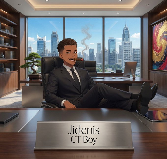Cartoon illustration of a young Black man in a black suit with a cigar, lounging in a luxury office chair with a city skyline view; the desk plate reads 'Jidenis CT Boy'.
