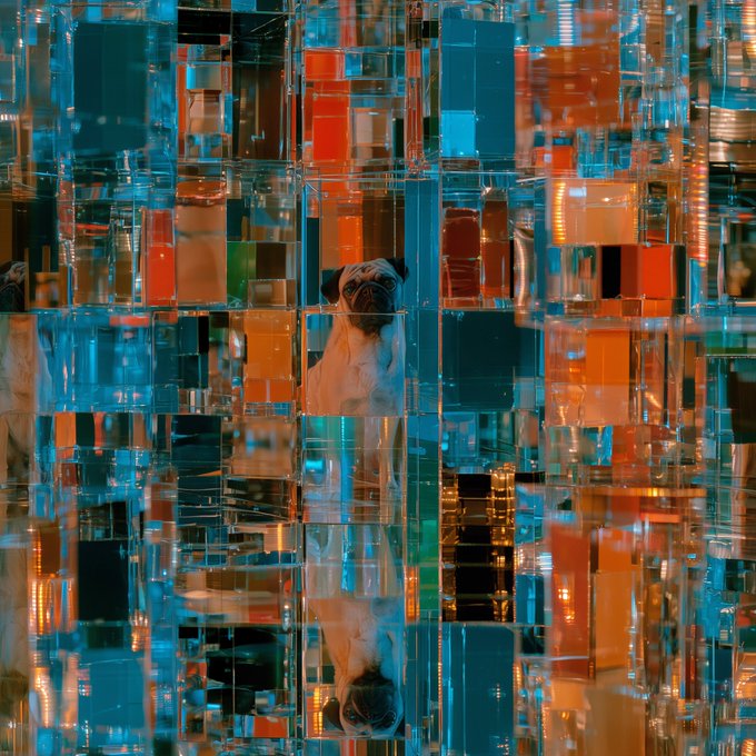 A pug dog appears in the center of a mirrored, kaleidoscopic pattern of teal and orange rectangular glass blocks creating a symmetrical reflection.