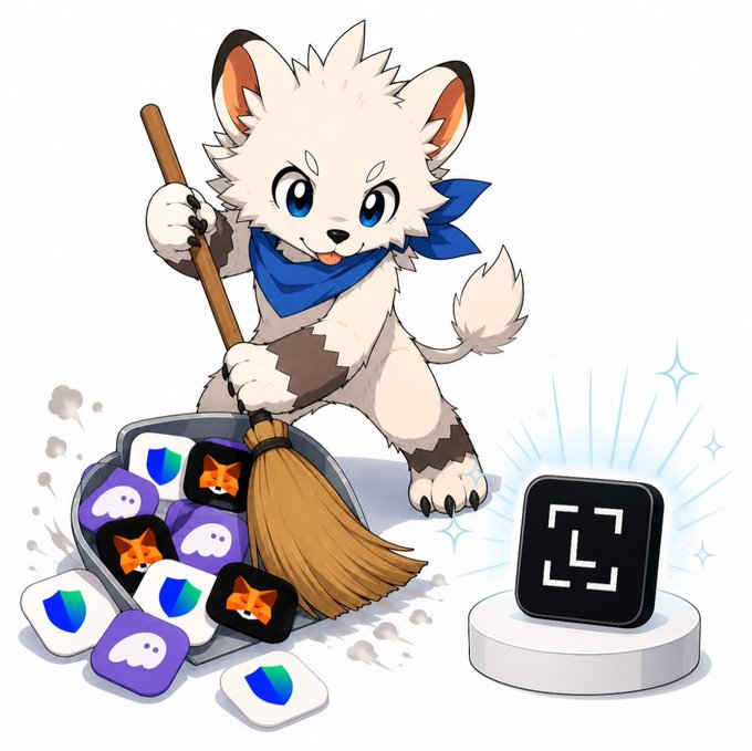 The illustration features a cute white furry mascot character with a blue bandana, holding a broom and sweeping up various app icons (including ghost and fox icons), next to a black app icon with a camera bracket design on a pedestal. The image playfully represents the post's message about Yukimon "sweeping" or replacing the user's other crypto/web3 wallets with a superior option, as the cheerful character literally sweeps competing wallet icons into a pile.