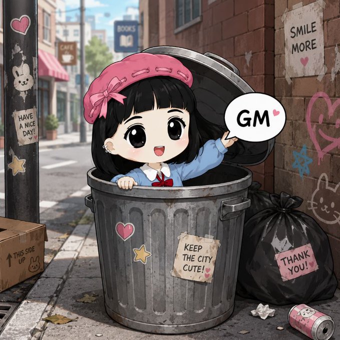 A chibi-style cartoon girl wearing a pink beret sits inside a metal trash can on a city street, waving and saying 'GM' in a speech bubble, surrounded by signs reading 'SMILE MORE' and 'KEEP THE CITY CUTE'.