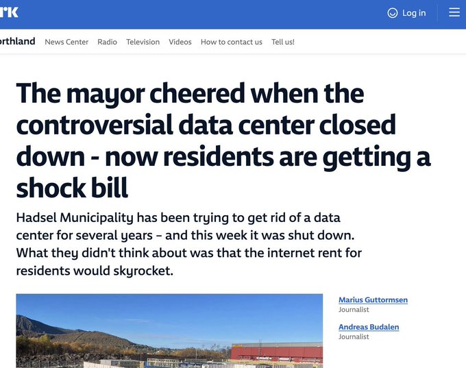 The image shows a Norwegian news headline from NRK that reads: "The mayor cheered when the controversial data center closed down – now residents are getting a shock bill," with the article explaining that Hadsel Municipality shut down a data center, inadvertently causing residents' internet rent to skyrocket. The accompanying post connects this to Bitcoin mining, noting that the Bitcoin mining operations had been keeping local power prices 20% lower—tying into the song lyric's theme about not appreciating something until it's gone.