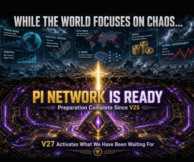 A promotional graphic with text 'WHILE THE WORLD FOCUSES ON CHAOS... PI NETWORK IS READY - Preparation Complete Since V25 - V27 Activates What We Have Been Waiting For' alongside graphics about trade wars, cold wars, tariffs, political tensions, AI grids, CBDCs, and global uncertainty.