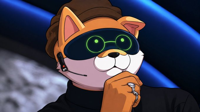 An anthropomorphic Shiba Inu wearing VR goggles and a headset appears deep in thought, paw on chin, with a futuristic ring on its finger. The image complements the post's message about disguising a strategic "flywheel" concept within a meme as a Trojan horse tactic.