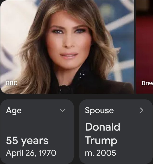 A profile card showing a woman (labeled BBC) with details: Age 55 years (April 26, 1970), Spouse: Donald Trump, married 2005.