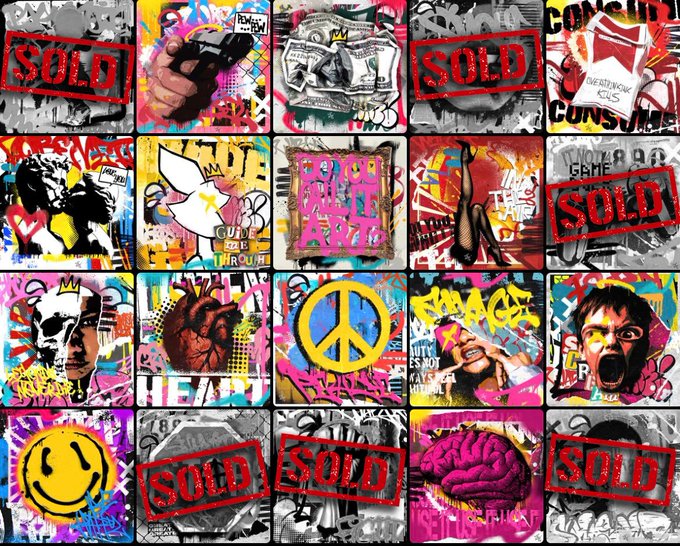 A grid collage of pop art and street art style prints features images including hearts, peace signs, peace symbols, anatomical hearts, Playboy bunny logos, and various text graphics, with several pieces stamped with red 'SOLD' tags.