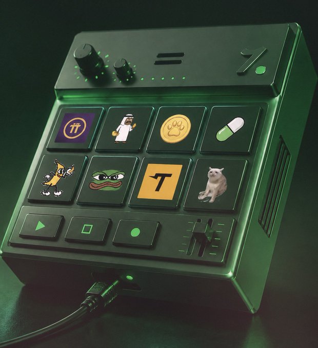 A glowing green arcade-style control deck features buttons displaying memecoin icons and tickers including a "T" logo, alongside cartoon characters like a Pepe frog, banana, and white cat. The setup visually represents the post's list of comeback memecoins, with the machine's slot-like design playfully evoking a gamble on whether to hold these tokens.