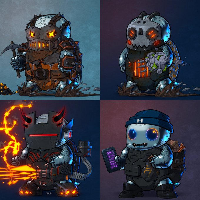 A four-panel illustration depicts chibi-style robotic characters: a mining robot with glowing yellow eyes holding a pickaxe, a rusty mech with a skull face, a dark knight firing a flamethrower, and a friendly robot wearing a beanie.