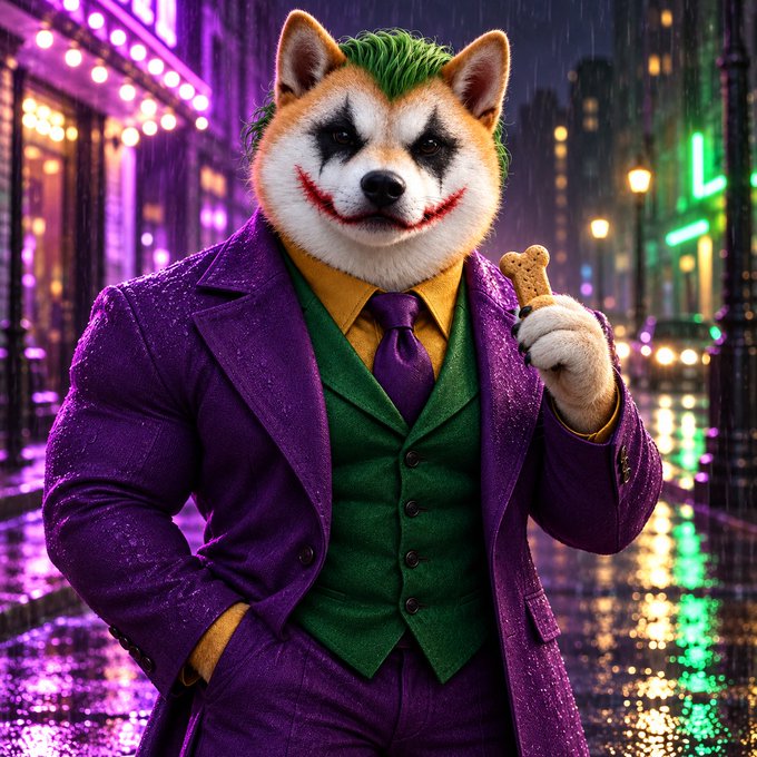 A digital illustration of a Shiba Inu dog styled like the Joker, with green hair and clown makeup, wearing a purple suit and holding a bone, set against a neon-lit city street.