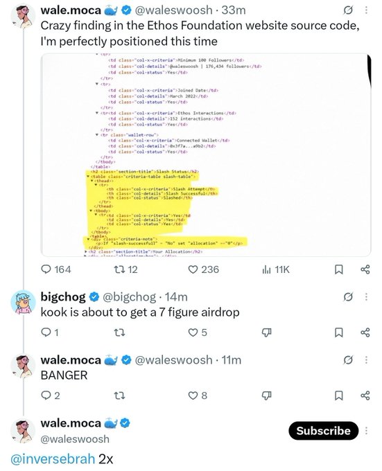 A Twitter/X screenshot shows wale.moca (@waleswoosh) sharing HTML source code from the Ethos Foundation website, highlighting criteria showing "Slash Successful: Yes" and "No" set "allocation" → "1", while the user notes being "perfectly positioned this time." The replies include bigchog joking "kook is about to get a 7 figure airdrop" and wale.moca responding "BANGER," referencing the Ethos airdrop criteria tied to slash status.