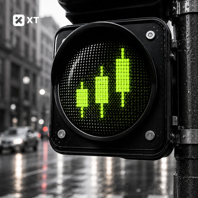A traffic light displays bright green candlestick chart patterns instead of a normal signal, set against a rainy urban street background with the 'XT' logo in the corner.
