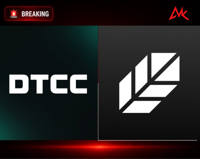 A "BREAKING" news graphic displays the DTCC logo alongside the Plume Network logo, with an "MK" logo in the top right corner, corresponding to the announcement that Plume Network has joined DTCC's Digital Assets Solutions Industry Working Group.