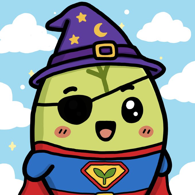 A cute cartoon illustration of a green plant-like character wearing a purple wizard hat with stars, a black eye patch, and a blue and red superhero outfit with a sprout emblem on the chest.