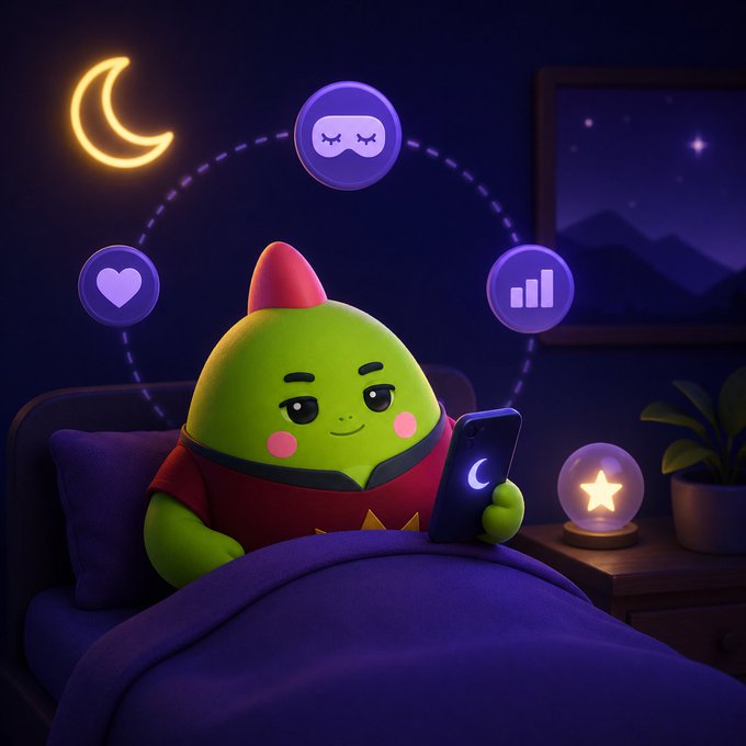 A cute green cartoon character with a red mohawk lies in bed at night under a purple blanket, holding a smartphone displaying a moon icon, with a glowing crescent moon, sleep mask icon, heart icon, and bar chart icon floating above its head.