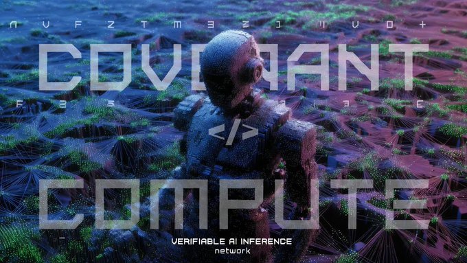 A digital art graphic featuring a person in a gas mask with code symbols overlaid, titled 'COVENANT COMPUTE' and 'VERIFIABLE AI INFERENCE network'.