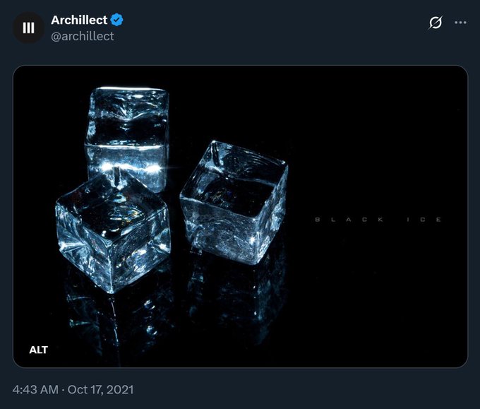 A tweet from @archillect posted on Oct 17, 2021 at 4:43 AM, featuring an image titled "BLACK ICE" showing three crystal-clear ice cubes on a black reflective background with an "ALT" logo, alongside text promoting XRP as a solution to a liquidity crisis.