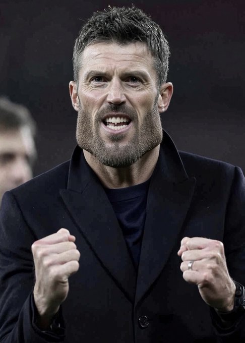 The image shows a man in a black blazer and dark t-shirt celebrating passionately with clenched fists and an intense, shouting expression, wearing a wedding ring on his finger. The image likely relates to the post by capturing the manager of Manchester United celebrating his team's 2-goal performance against Brighton, while his rival Arsenal manager remains at zero goals.