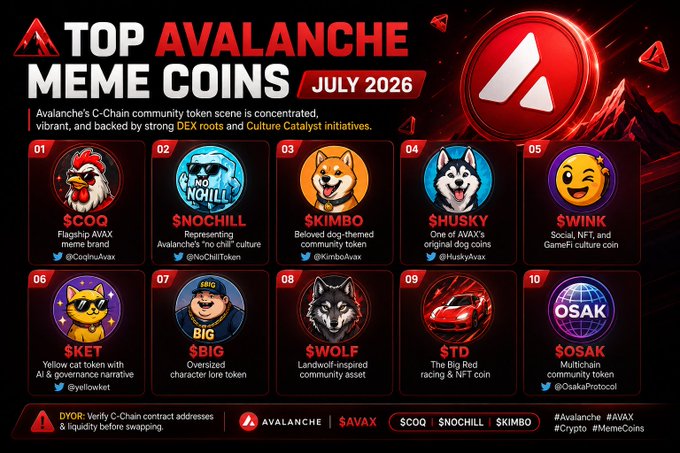 A 'TOP AVALANCHE MEME COINS JULY 2026' infographic listing 10 tokens: $COQ (Flagship AVAX meme by @CoqInuAvax), $NOCHILL (Avalanche's 'no chill' culture by @NoChillToken), $KIMBO (Dog-themed community token by @KimboAvax), $HUSKY (One of AVAX's original dog coins by @HuskyAvax), $WINK (Social, NFT, and GameFi culture coin), $KET (Yellow cat token with AI by @yellowket), $BIG (Oversized character lore token), $WOLF (Landwolf-inspired community asset), $TD (The Big Red racing & NFT coin), and $OSAK (Multichain community token by @OsakProtocol).