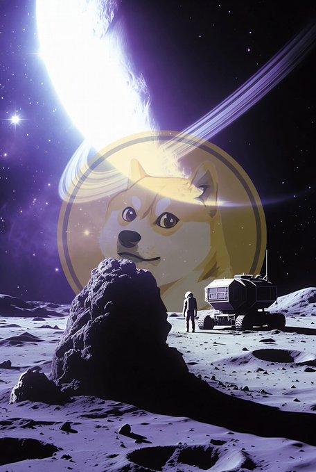 A sci-fi digital artwork showing an astronaut and lunar rover on a moon-like surface in the foreground, with a giant Dogecoin-style Shiba Inu dog's face and a logo superimposed against a starry space background with planets.