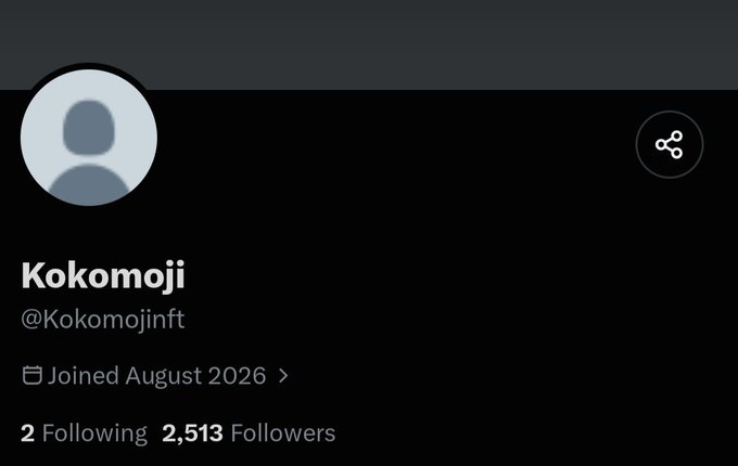 A Twitter profile page for Kokomoji (@Kokomojinft), joined August 2026, with 2,513 followers and only 2 following, aligns with the post's description of an early-stage project worth monitoring.