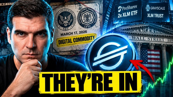 A YouTube thumbnail shows a man alongside the SEC and CFTC seals, "Digital Commodity" text dated March 17, 2026, ProShares 2x XLM ETF and Grayscale XLM Trust logos, and a dramatic "THEY'RE IN" banner over an image of the Wall Street Stock Exchange, visually conveying that Wall Street has entered the Stellar (XLM) market.