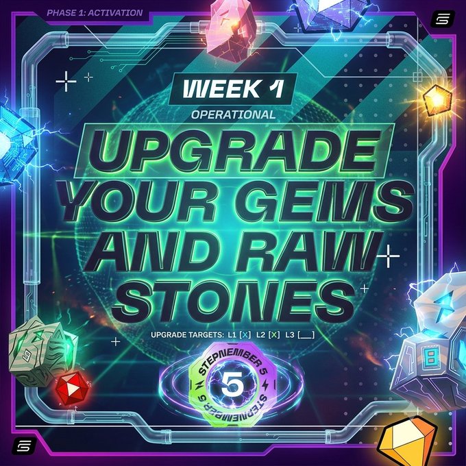 A vibrant digital graphic with neon green and purple design featuring text 'PHASE 1: ACTIVATION', 'WEEK 1 OPERATIONAL', and 'UPGRADE YOUR GEMS AND RAW STONES' surrounded by colorful gem illustrations.