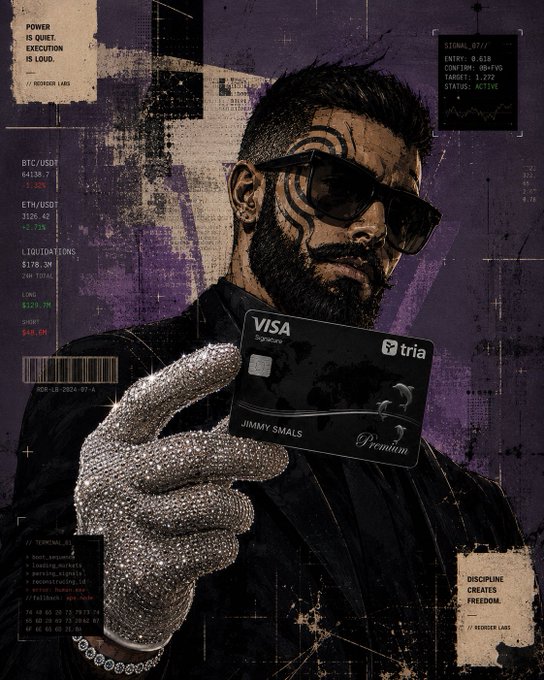 The image features an illustration of a man wearing sunglasses, holding a credit card with a Visa logo on his hand. The man has a beard and mustache, giving him a hipster appearance. He is dressed in a suit, which contrasts with the purple background of the image. The text in the image reads "Happy weekend and GM! People irl are amazed at how I pay for groceries with this “funny looking card” on my phone AND also get cashback".