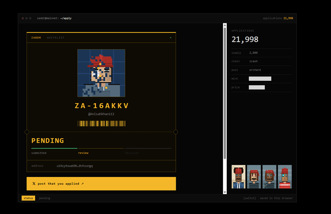 Terminal window showing ZADDR unit 'ZAD04' with pixel art avatar, status 'PENDING' review, mint id 'icam', pool 'orchard', price 1, and a stat bar showing 21,998 applications.