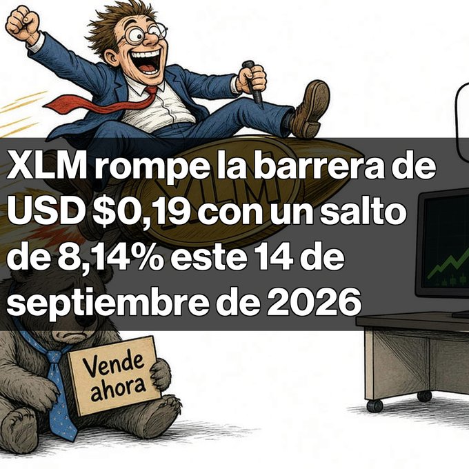 A cartoon image featuring a man riding a rocket labeled 'XLM' with text reading 'XLM rompe la barrera de USD $0,19 con un salto de 8,14% este 14 de septiembre de 2026', alongside a bearish figure holding a 'Vende ahora' sign.