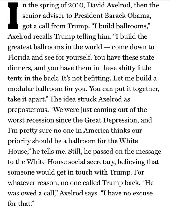 A passage of text recounting David Axelrod's memory of a 2010 phone call from Trump offering to build a modular ballroom for the White House during a recession.