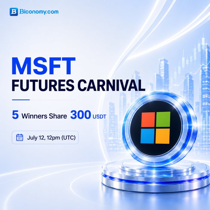 A promotional graphic for Biconomy.com's "MSFT Futures Carnival" giveaway, featuring the Microsoft logo displayed on a glowing blue pedestal, with text announcing that 5 winners will share 300 USDT, ending July 12 at 12pm (UTC).