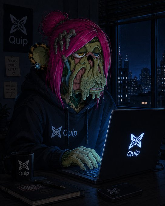 A digital illustration of a zombie-like figure with melting green skin and pink hair wearing a black 'Quip' branded hoodie, typing on a 'Quip' laptop in a dimly lit room.