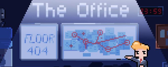 A pixel art scene titled 'The Office' showing a blonde character beside displays reading 'FLOOR 404' and a digital map with red paths, with a timer showing '8:59'.