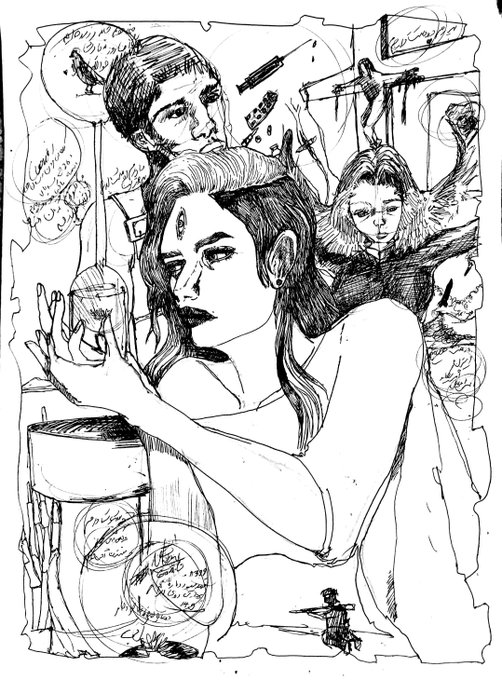 A black and white sketch collage featuring multiple characters, including a central woman holding a glass, with various speech bubbles and scribbles.