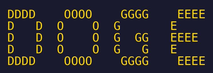 Pixelated yellow letters on a dark blue background spelling out "DOGE" using the characters D, O, G, and E arranged in block letter format.