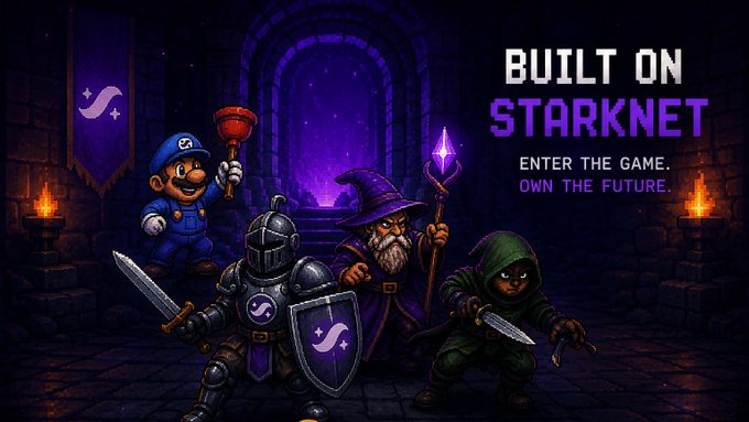 A pixel art-style promotional banner for "Built on Starknet" featuring Mario holding a plunger torch, a knight in armor, a wizard with a staff, and a hooded rogue character in a dark dungeon setting, with the tagline "ENTER THE GAME. OWN THE FUTURE."