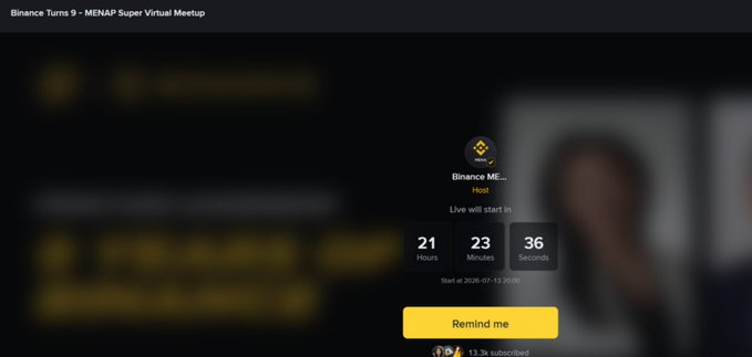A Binance YouTube livestream titled "Binance Turns 9 - MENAP Super Virtual Meetup" hosted by "Binance ME," showing a countdown timer of 21 hours, 23 minutes, and 36 seconds until it goes live on July 17 at 8:20 PM, aligning with the post's mention of a Binance livestream at 8 PM for a red envelope giveaway.