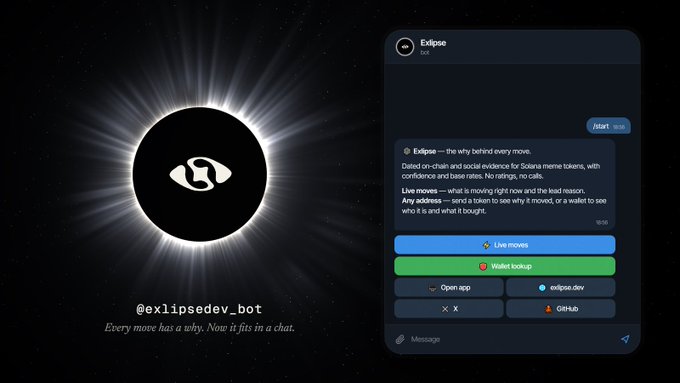 A promotional graphic for 'Eclipse' (@exlipsedev_bot) featuring a solar eclipse logo and a chat interface with buttons for 'Live moves' and 'Wallet lookup,' along with links to the app, X, GitHub, and eclipse.dev.
