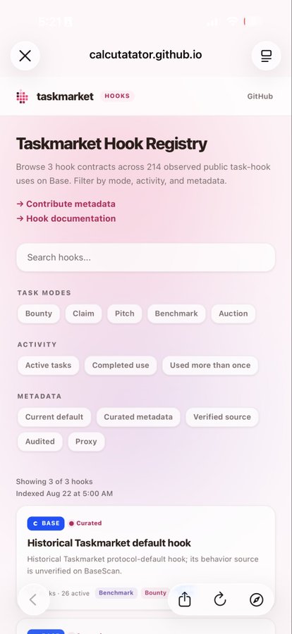 This screenshot shows the Taskmarket Hook Registry, a platform for builders to create and discover hooks, with "Historical Taskmarket default hook" and "26 active" visible. The image directly relates to the post's theme of a future labor market built by agents transacting with USDC.