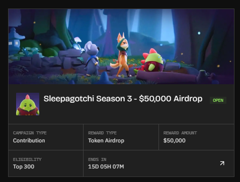 A promotional graphic for "Sleepagotchi Season 3 - $50,000 Airdrop" featuring cartoon characters in a forest setting, with details indicating a Contribution campaign type, Token Airdrop reward, $50,000 reward amount, Top 300 eligibility, and 15D 05H 07M remaining.