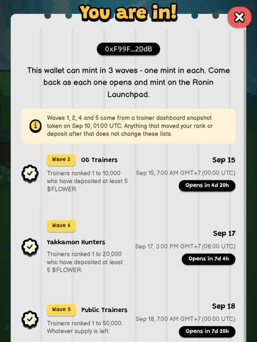 The image shows a "You are in!" whitelist confirmation screen for wallet 0xF99F...22Db, indicating eligibility to mint during 3 upcoming waves (Waves 2, 4, and 5) on the Ronin Launchpad, with specific dates, ranking requirements (top 10,000/20,000/50,000), and $FLOWER deposit criteria—aligning with the post's announcement that the Yakkamon whitelist checker is now live at yakkamon.com/whitelist.