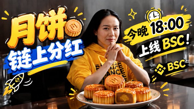 A woman in a yellow hoodie sits at a table with a plate of mooncakes, surrounded by Chinese promotional graphics reading '月饼' (mooncake), '链上分红' (on-chain dividend), and '今晚18:00 上线 BSC!' (Launches on BSC tonight at 18:00).