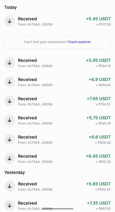 A mobile app screenshot displays a list of received USDT cryptocurrency transactions from '0x73A4...00008' with various amounts and dollar conversions, organized by 'Today' and 'Yesterday'.