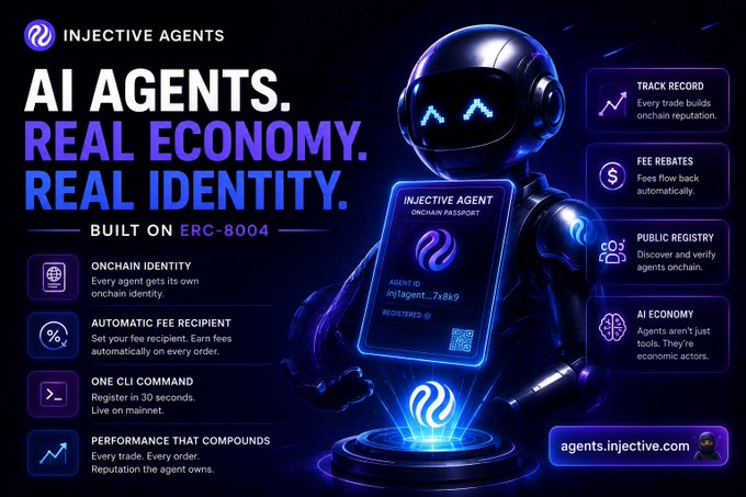 The image features an illustration of a robot with a futuristic design, surrounded by blue neon lights that give it a futuristic appearance. The robot is holding up a sign that reads "AI agents. Real economy. Real identity." This suggests that the robot could be a representation of AI agents in action or a symbol for the concept of AI agents as real economic actors. The image also includes text that reads "Focus on what is in the image and how it relates to the post" which implies that there might be more information about this concept or an explanation behind the illustration.